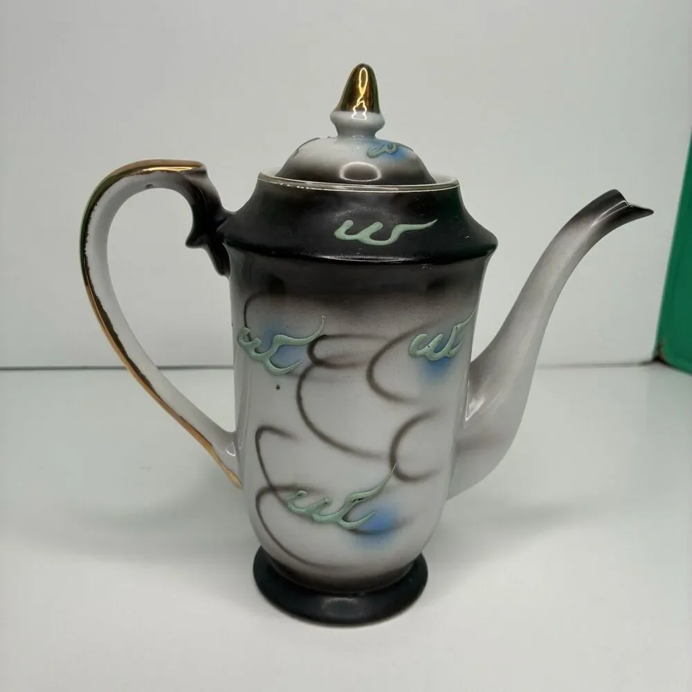 Dragonware Japan Moriage Lithophane Black Gray Blue Tea Pot Creamer Sugar Set